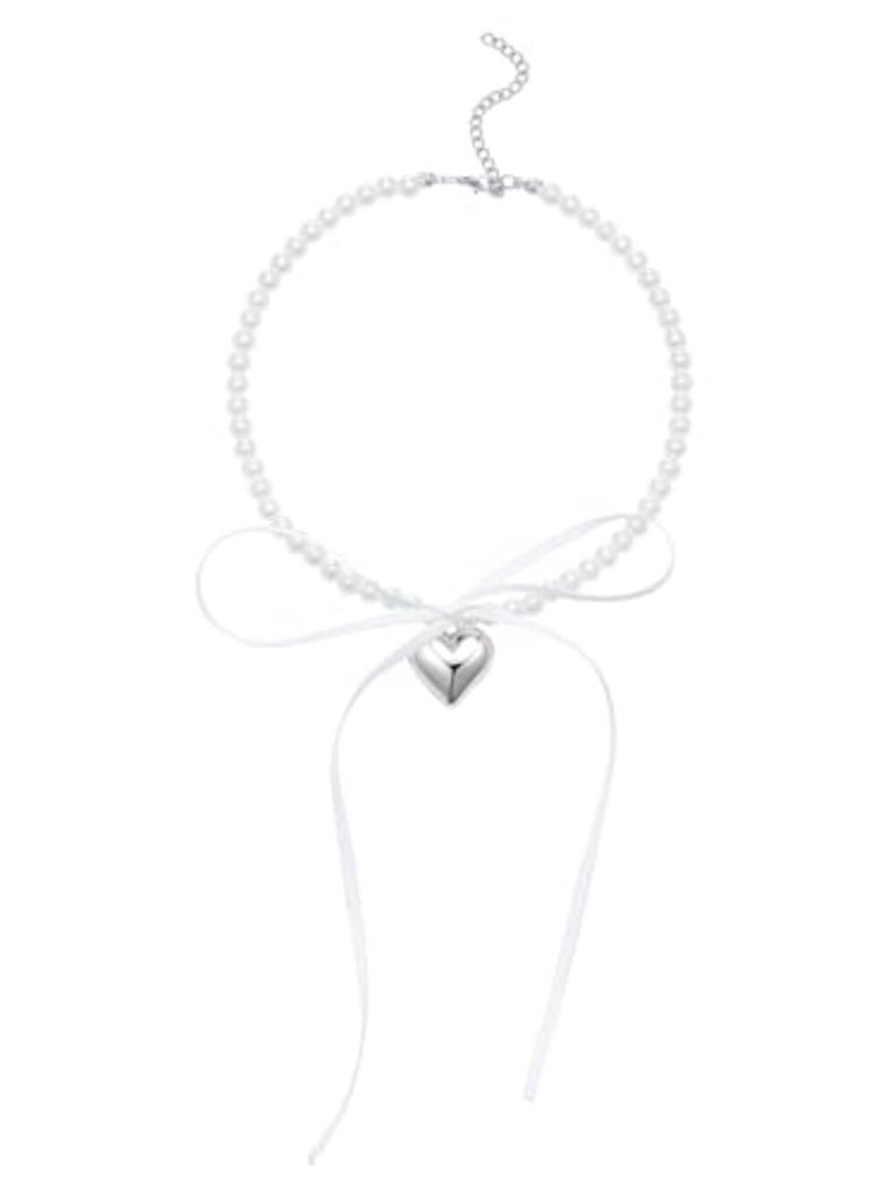 Pearl Ribbon Bow Choker Necklaces Y2k Coquette Pearl Necklace with Heart Bow